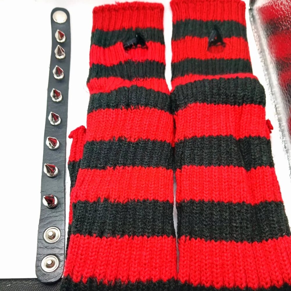 Women's Striped Long Arm Warmers Red + Black + Spiked Bracelet New